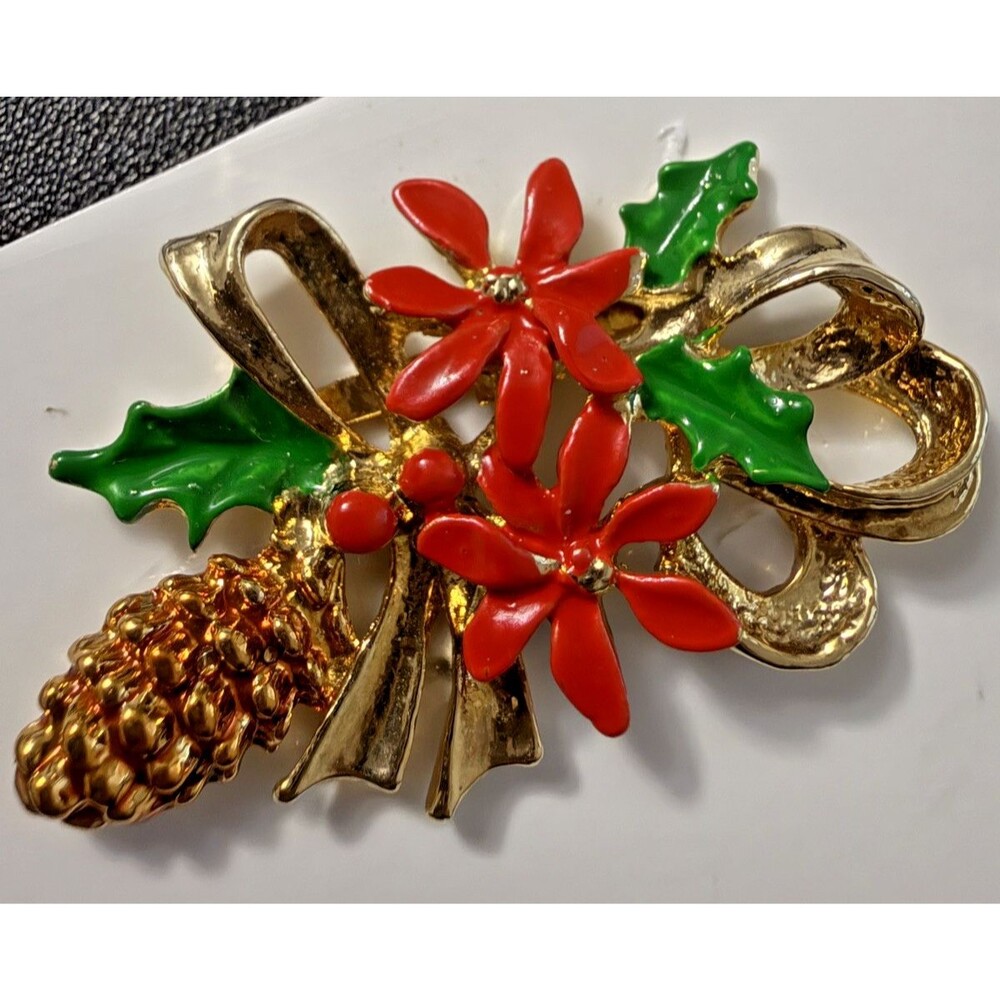 Vintage Enameled Poinsettias Brooch Gold Tone Christmas Holly Pine Cones EUC